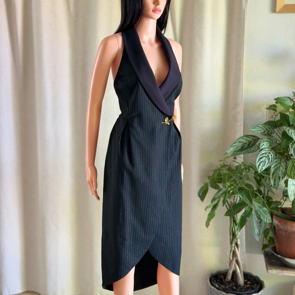 NWT Anthropologie Black Pinstripe Halter Tuxedo Dress Metallic Brooch Small